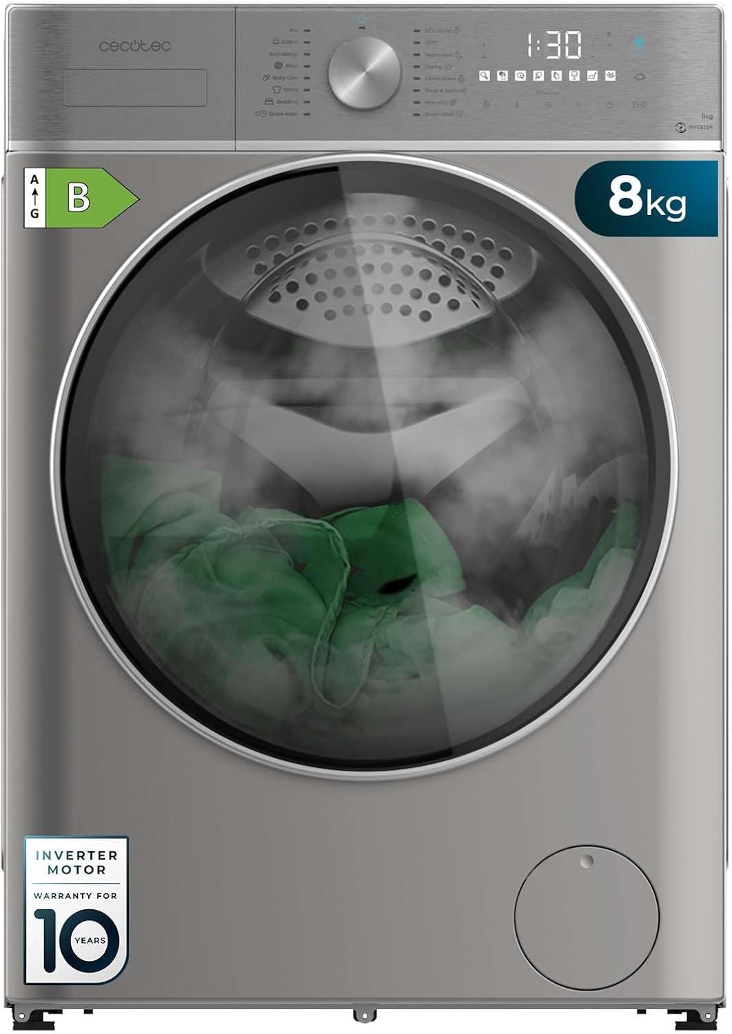 Cecotec Lave-linge Séchant 8-5Kg Bolero Wash&Dry 8590 Inverter Steel 1400RPM, 16 Programmes, Inverter Plus, Lavage à la Vapeur, Lavage et Séchage Intelligents, Stérilisation, Joint Antibactérien