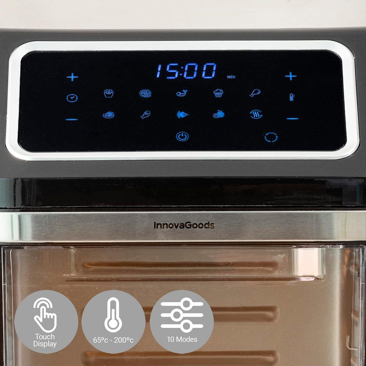 InnovaGoods Air fryer 12L, friteuse sans huile 1800W avec +100 recettes en FR. Friteuse à air avec 8 accessoires, 10 programmes, écran tactile, four à air chaud avec fenêtre et lumière intérieure.