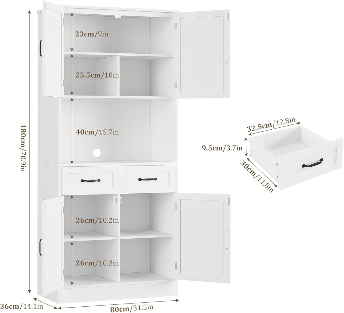 HOCSOK Buffet Haut Cuisine, 180 cm Armoire Cuisine avec 4 Portes et 2 Tiroirs, Meuble de Rangement avec Etagères Réglables, Vaisselier Vitrine, Blanc