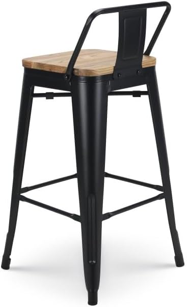 Kosmi Lot de 4 tabourets de Bar en métal Noir Mat Style Industriel avec Dossier et Assise en Bois Clair - Hauteur 66cm