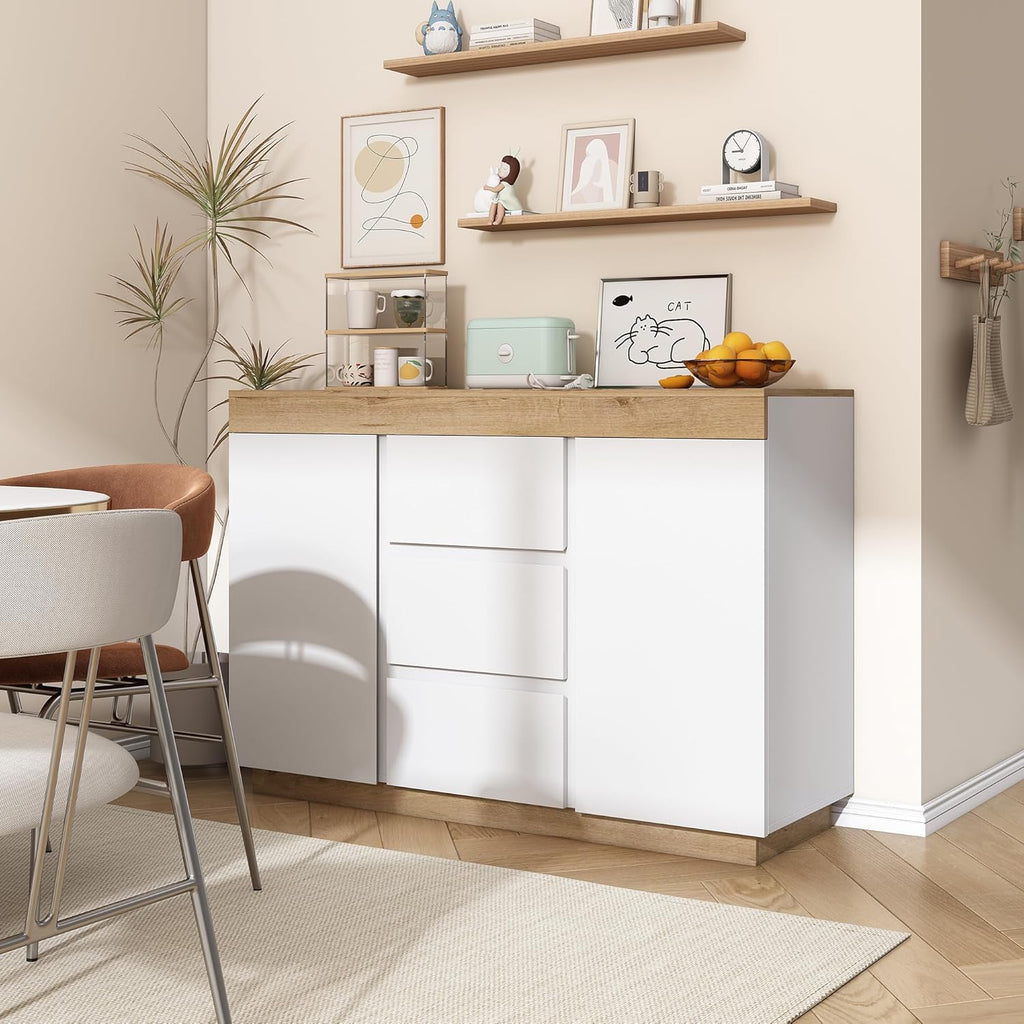 Merax Commode moderne avec 2 portes et 3 tiroirs pour salon, salle à manger et chambre à coucher, 120,5 x 40,2 x 82,5 cm, blanc et bois