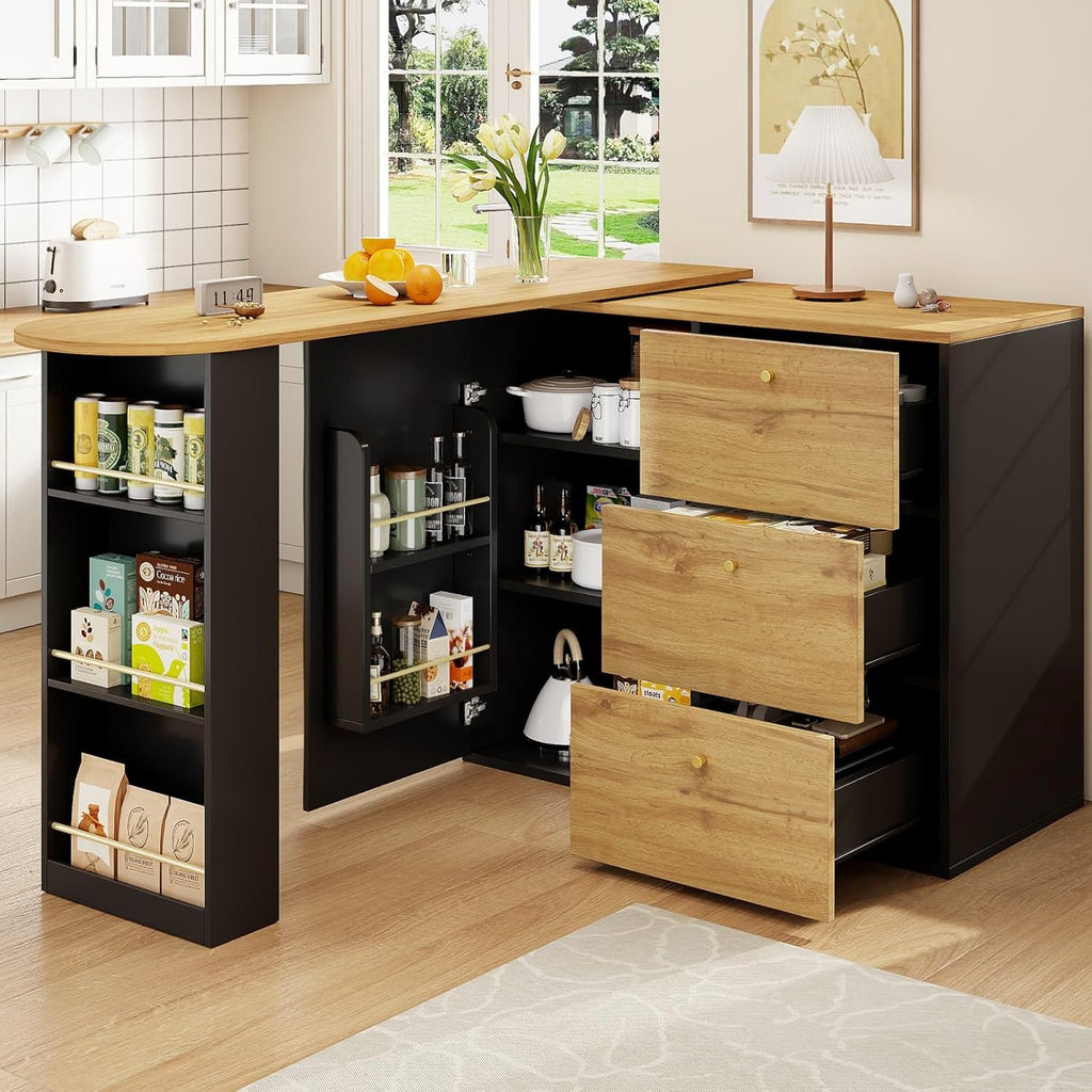 KOMHTOM Table de Bar Extensible avec Espace de Rangement(138-204 x 39 x 104 cm), Table à Manger Pivotante à 360°, 3 Tiroirs et étagères latérales
