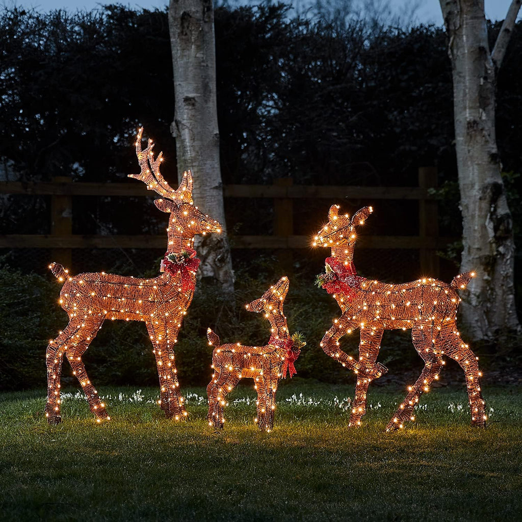Lights4fun Déco Biche et Faon de Noël en Fils de Coton Marron avec LED Blanc Chaud pour Extérieur