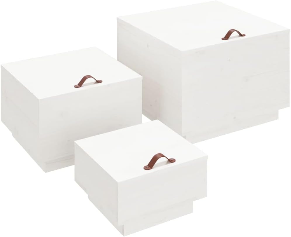 Foknhdi Lot de 3 caisses de rangement en bois de pin blanc 57 × 55 × 40/45 × 43 × 30/35 × 33 × 20 cm empilables avec poignée