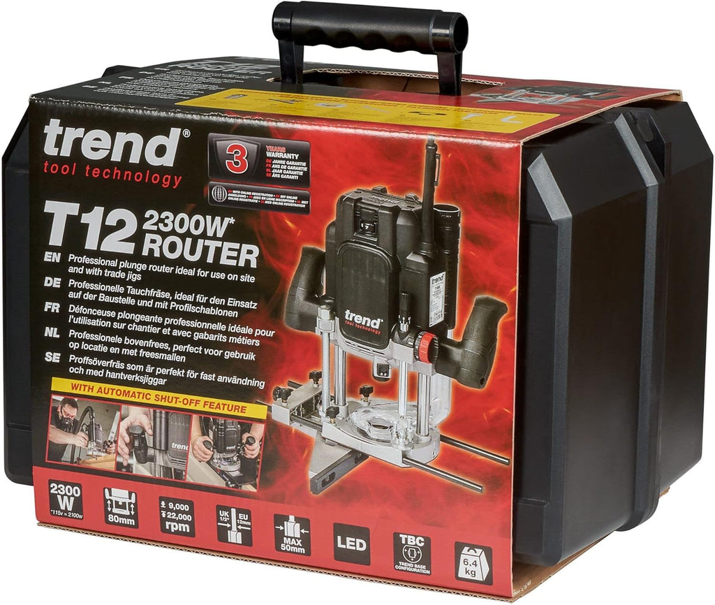 Trend T12 Défonceuse Plongeante, 2300W, 12mm, 230V, Profondeur 80mm, Montage Serrures et Joints, T12EK/EURO