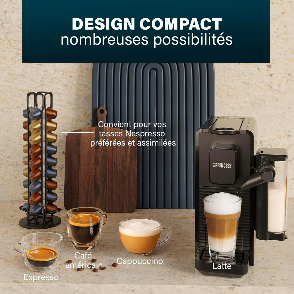 Princess Capsule and Latte Pro Machine à Café à Capsules, Compatible Nespresso, Lait Automatique, 20 Bars, 1400W, Sans BPA, Pièces Lavables, Arrêt Automatique, 01.249455.01.001