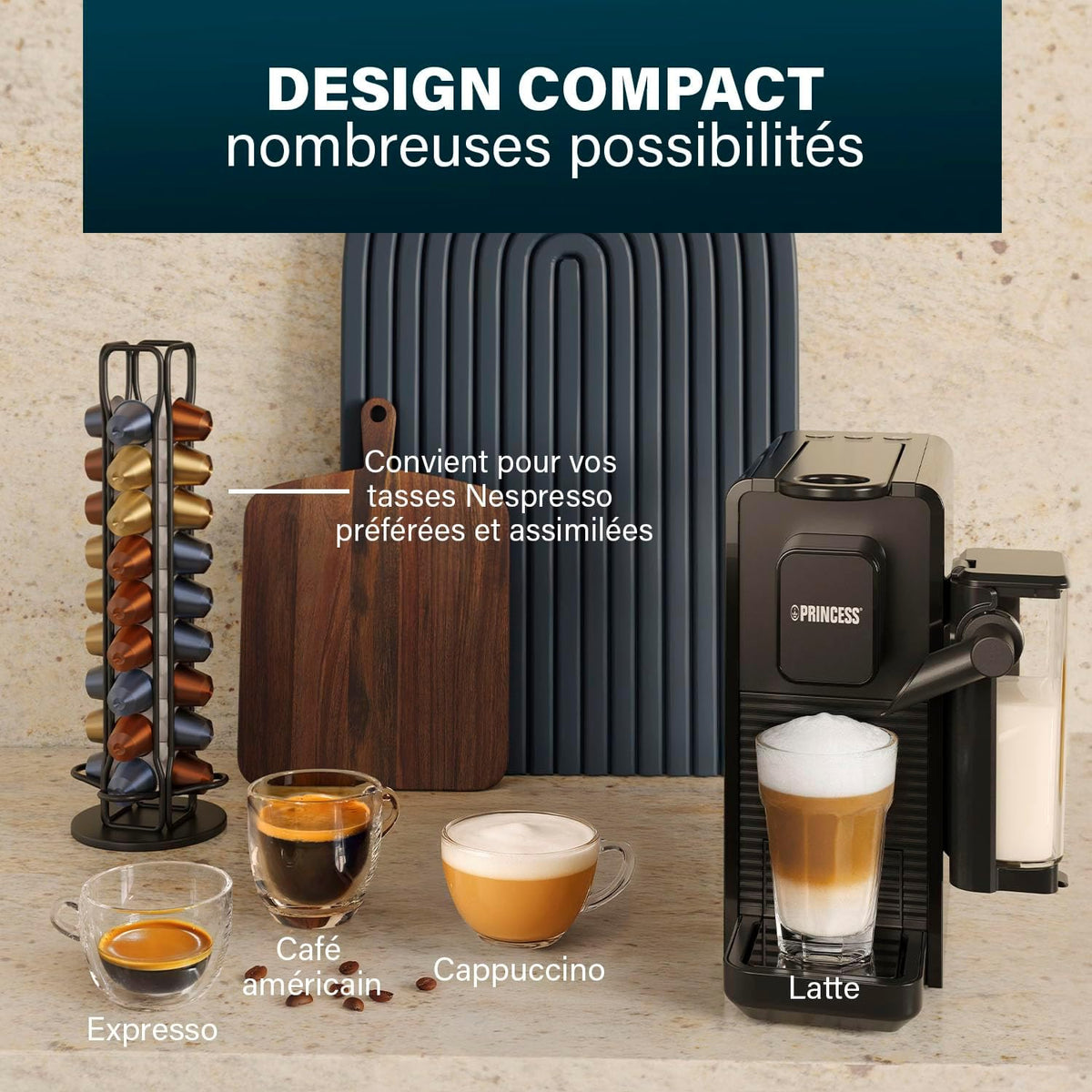 Princess Capsule and Latte Pro Machine à Café à Capsules, Compatible Nespresso, Lait Automatique, 20 Bars, 1400W, Sans BPA, Pièces Lavables, Arrêt Automatique, 01.249455.01.001