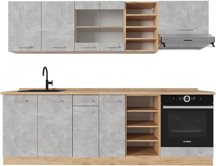 Vicco Cuisine R-Line, Béton/Force d'or Chêne, 240cm, PT Chêne