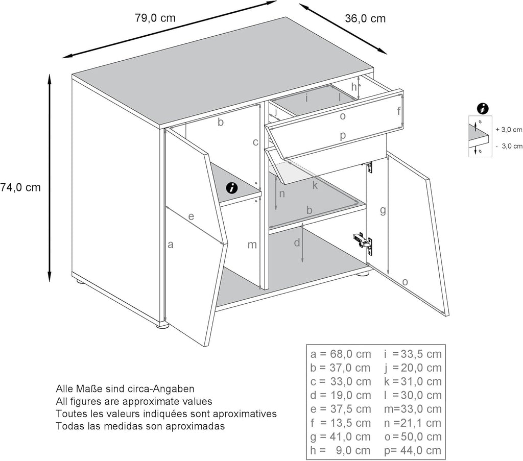 Vladon Buffet Benny, Commode avec 2 Portes et 2 tiroirs, Blanc Mat/Blanc Haute Brillance (79 x 74 x 36 cm)
