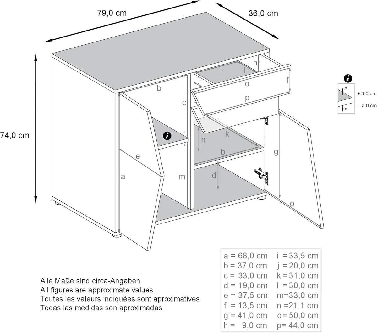 Vladon Buffet Benny, Commode avec 2 Portes et 2 tiroirs, Blanc Mat/Blanc Haute Brillance (79 x 74 x 36 cm)