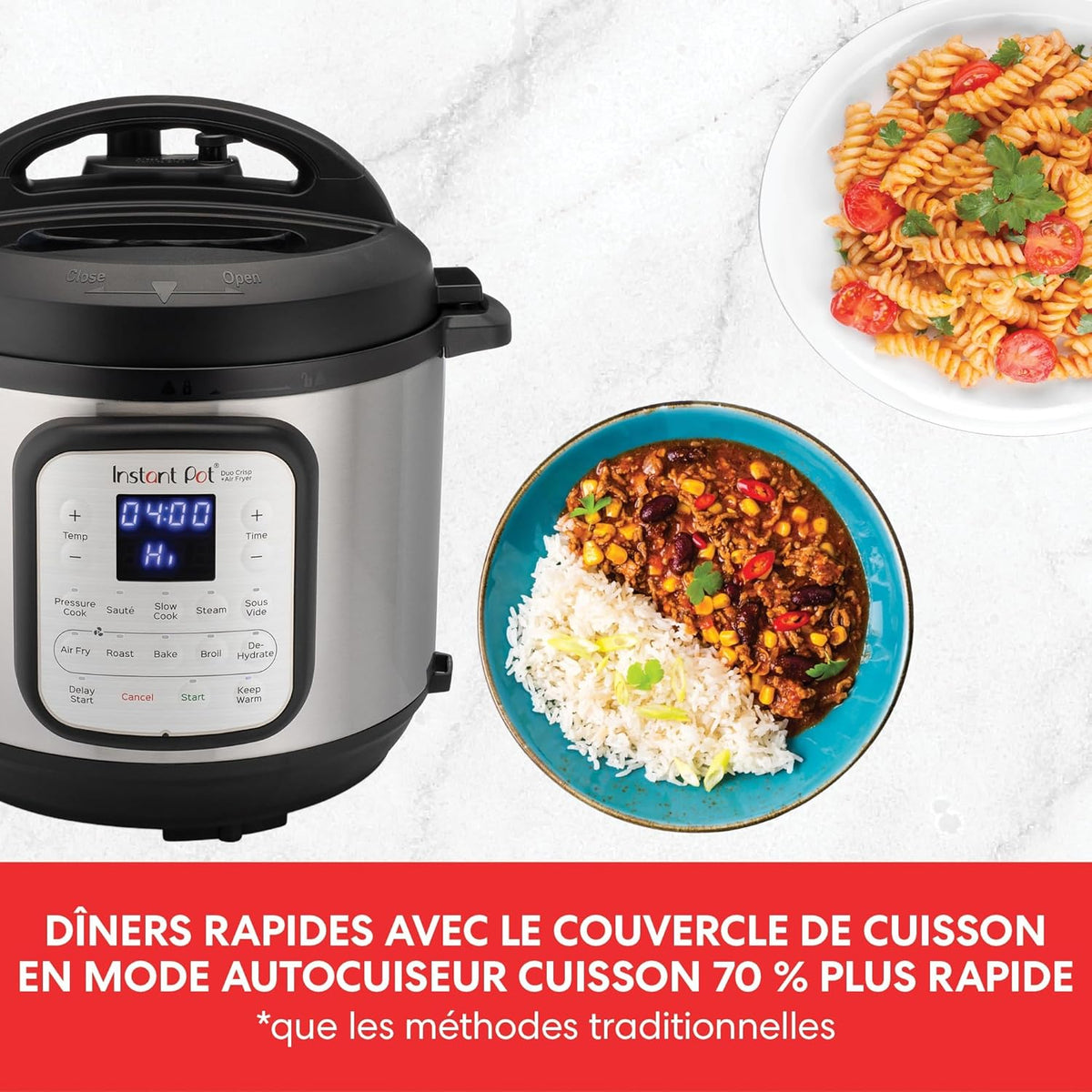 Instant Pot Duo Effet Croustillant, Multicuiseur 11 en 1 - Autcuiseur Friteuse à Air, Cuisson Lente, à la Vapeur, Sous-Vide, Déshydrateur, Chauffe-Plat et Fonction Pâtisserie - 5.7 L