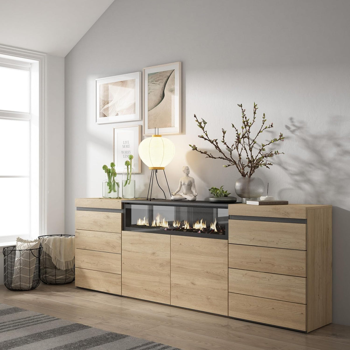 Skraut Home | Commode, Buffet, Armoire | Meuble de Rangement | 214x75x35 cm | Chambre à Coucher, pièce | Cheminée électrique | Style Moderne | Chêne