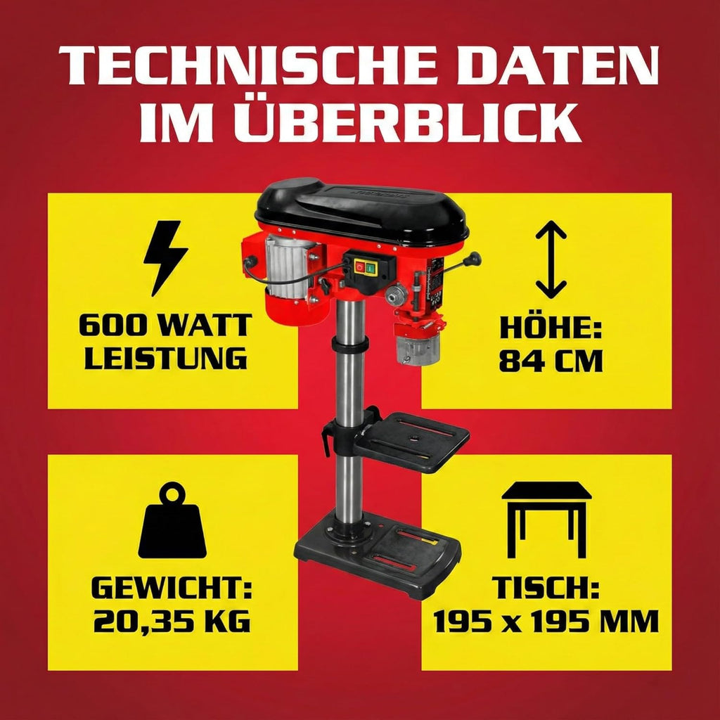 Hecht Perceuse à colonne avec puissance de 600 W - 12 niveaux de vitesse - Table de perçage orientable et réglable en hauteur