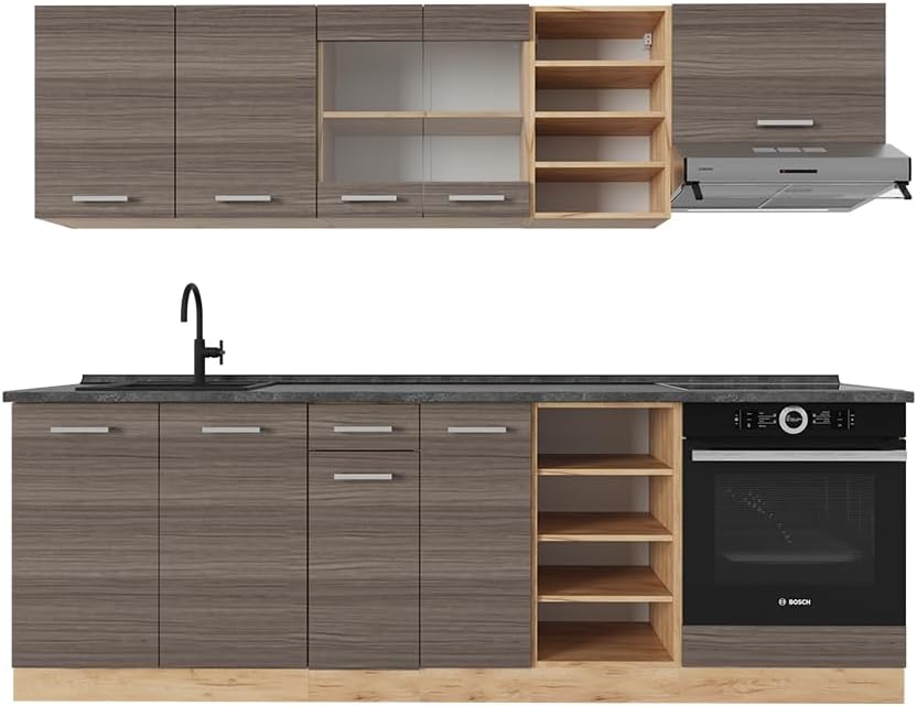 Vicco Cuisine R-Line, Gris Noble/chêne doré, 240cm, PT Anthracite