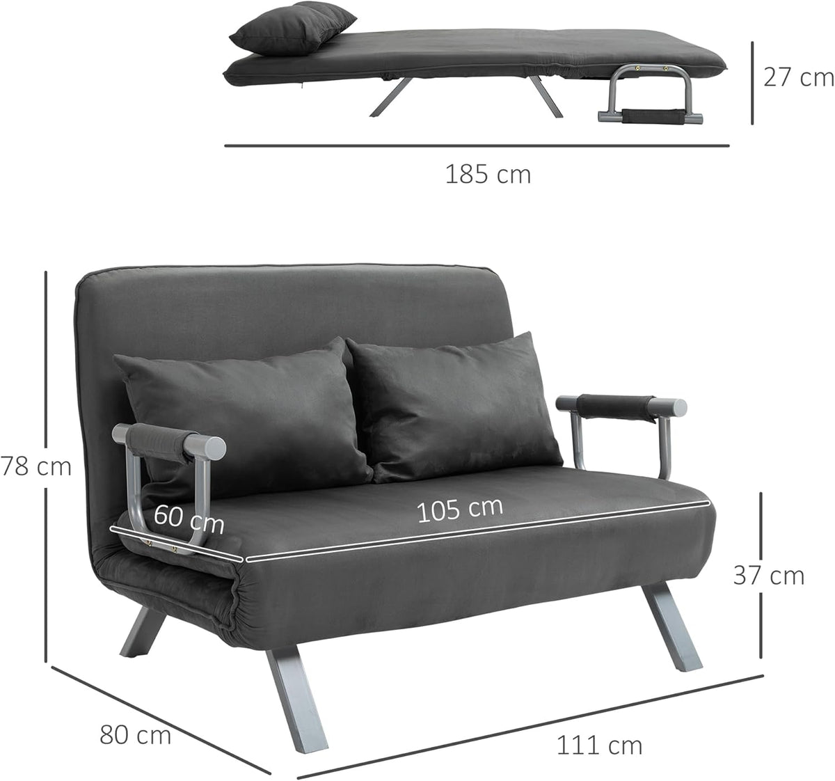 HOMCOM Canapé-lit 2 Places, Fauteuil Convertible avec Dossier réglable en 5 Positions, Chaise Longue avec 2 Coussins Inclus, canapé en revêtement Aspect suède déhoussable, 111x80x78cm, Gris foncé