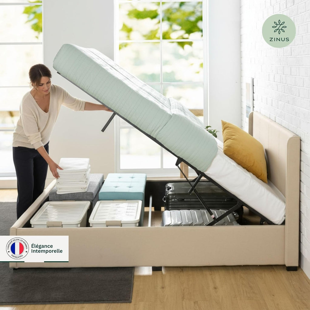 Zinus Maddon Lit Coffre 140x190 cm - Hauteur 31 cm - Système de Levage Hydraulique - Tête et Cadre de Lit Double en Bois tapissier - Beige