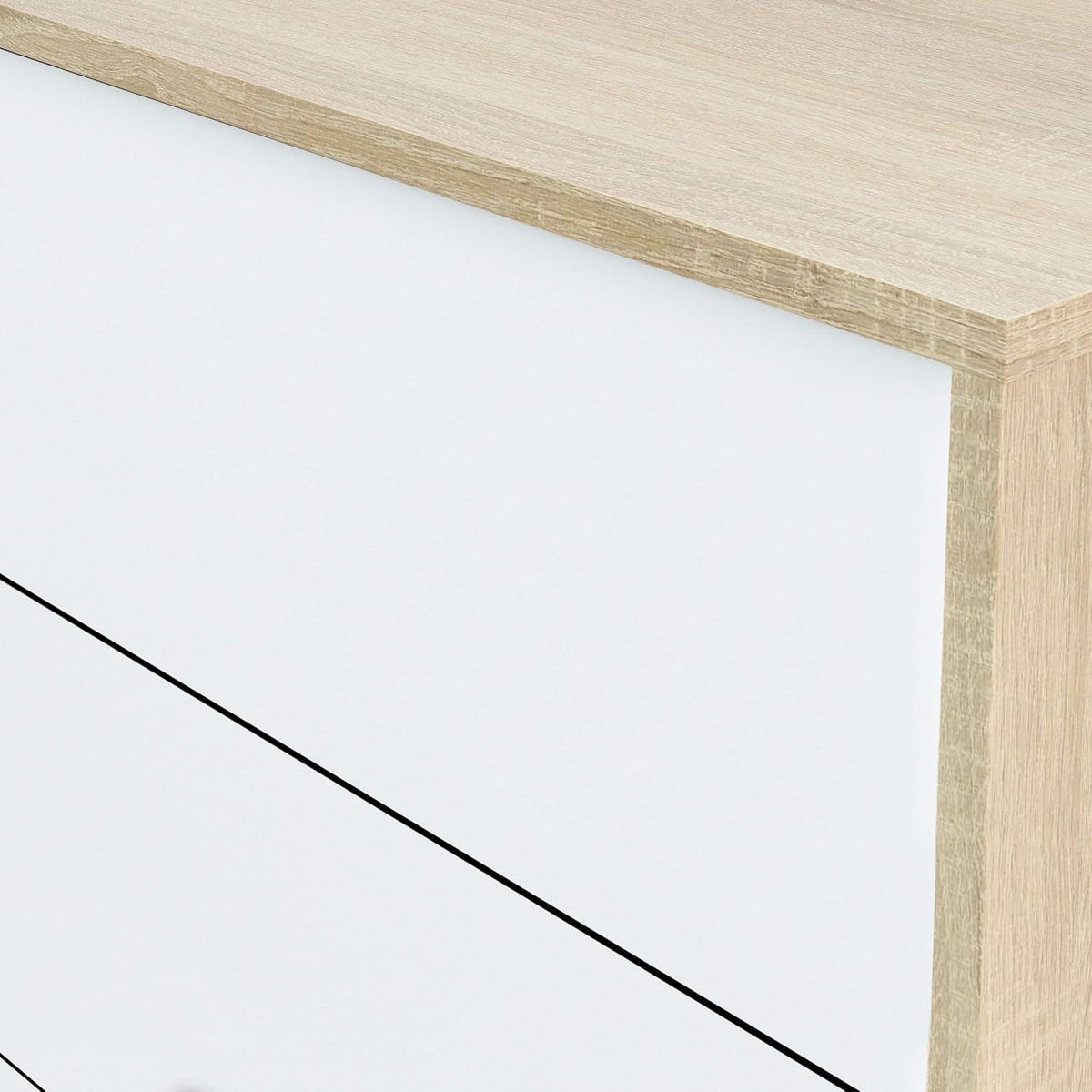Habitdesign Modèle Brooklyn Buffet 2 portes + 3 tiroirs Finition chêne canadien et Blanc Artik , dimensions : 74 x 154 x 41 cm H x l x P .