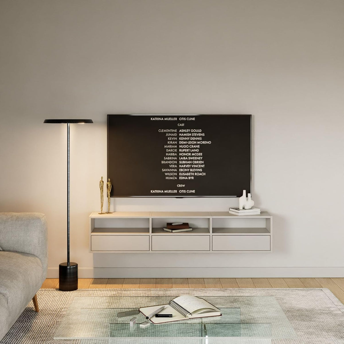 Selsey Meuble TV Suspendu 150 cm Gris Cachemire 3 Abattants & Niches Ouvertes Design Moderne & Fonctionnel pour Intérieur Contemporain