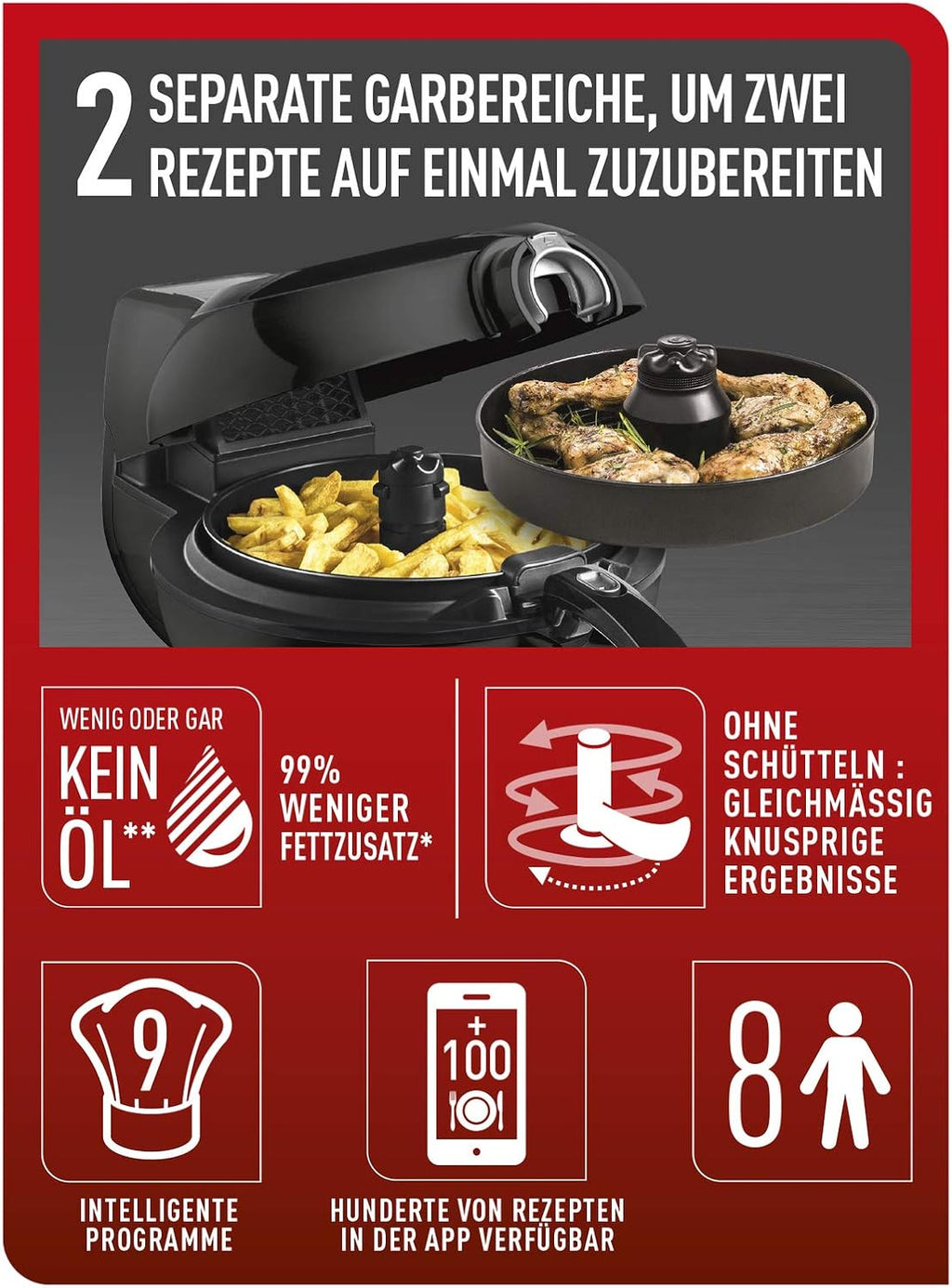 Tefal Friteuse à air chaud 2 en 1 ActiFry Genius XL YV9708 | 1500 watts | capacité : 1,7 kg | 9 programmes automatiques | technologie 2 en 1 | noir