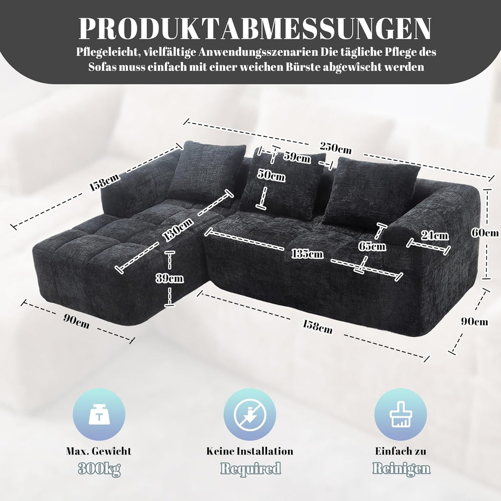 Canapé en Forme de U, 3 Places avec Méridienne, Design Moderne Rembourré avec Accoudoirs et 3 Coussins, Chenille Noir