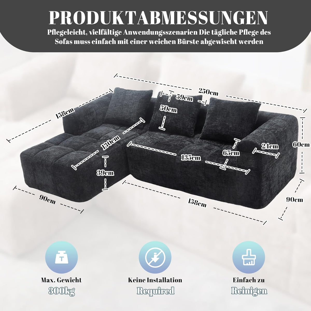 Canapé en Forme de U, 3 Places avec Méridienne, Design Moderne Rembourré avec Accoudoirs et 3 Coussins, Chenille Noir
