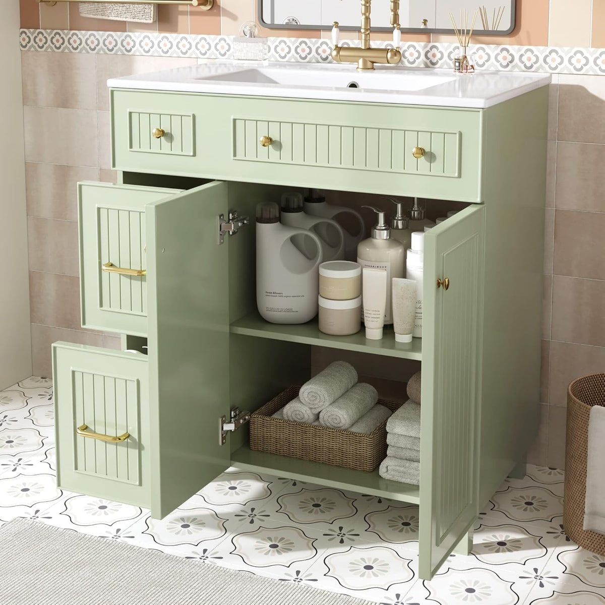 KOMHTOM Meuble de Salle de Bain avec, 2 Tiroirs, Poignée Métal et Étagère - 82 x 47 x 90cm Lavabo Simple Moderne - Armoire de Rangement en Bois (Vert)