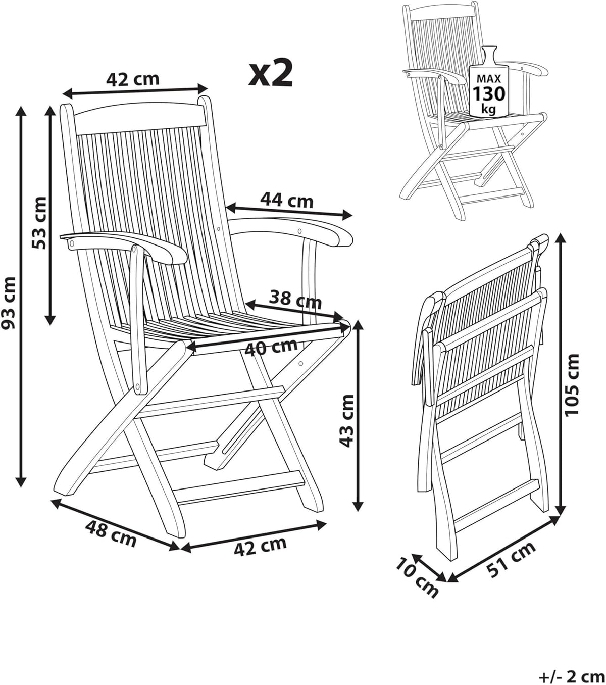 Lot de 2 Chaises de Jardin - Pliantes, en Bois d'Acacia Naturel