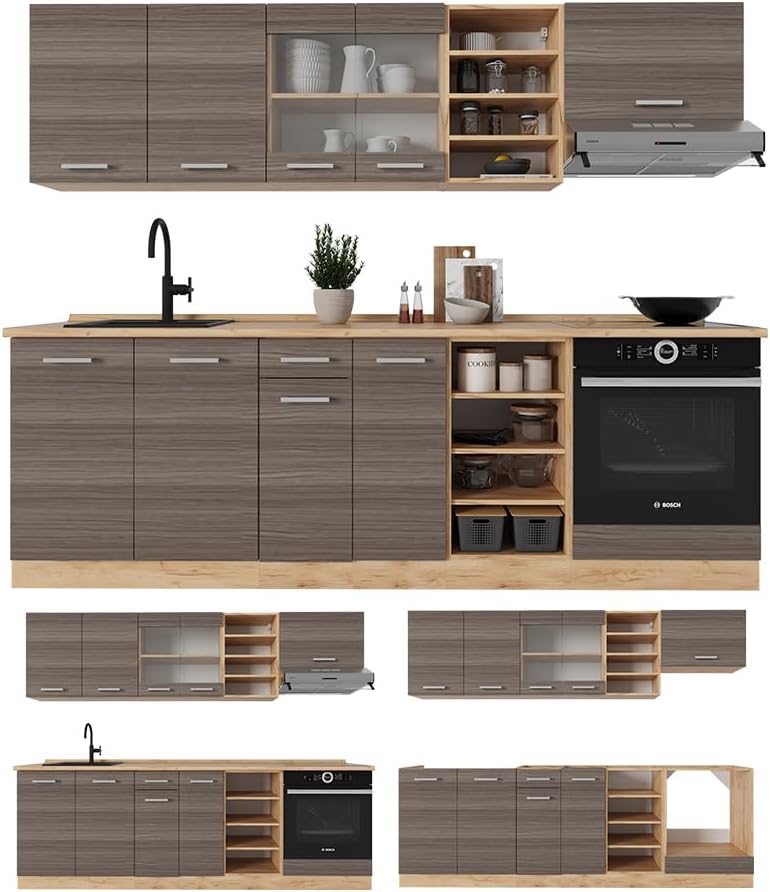 Vicco Cuisine R-Line, Gris Noble/chêne doré, 240cm, PT Anthracite
