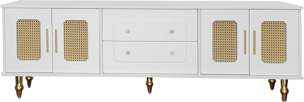 Meuble TV bas de style rétro avec 6 compartiments de rangement, poignées dorées, porte en rotin et pieds en métal, buffet TV pour salon (blanc, 175 x 38 x 55,5 cm)