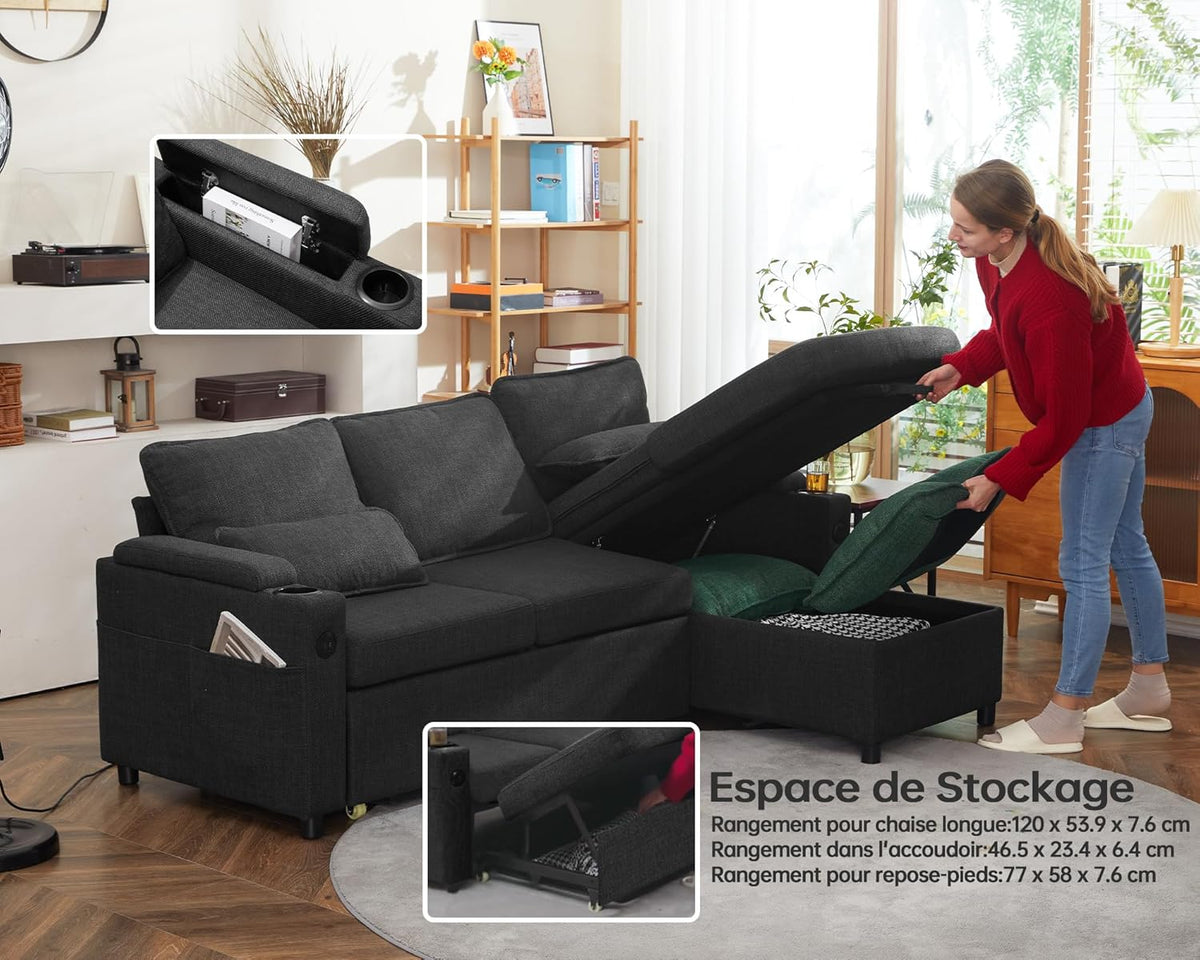 DURASPACE Canapé d'angle Convertible, Canapé Lit 3 Places en L avec Chaise Réversible, Canapé avec Rangement, Port USB et Porte-gobelet