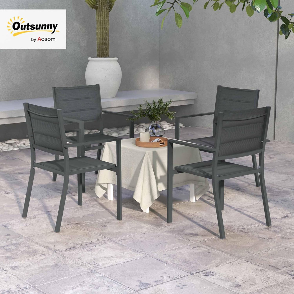 Outsunny Ensemble de 4 chaises de Jardin empilables en Aluminium et textilène avec accoudoirs, Lot de 4 pièces pour extérieur, Gris