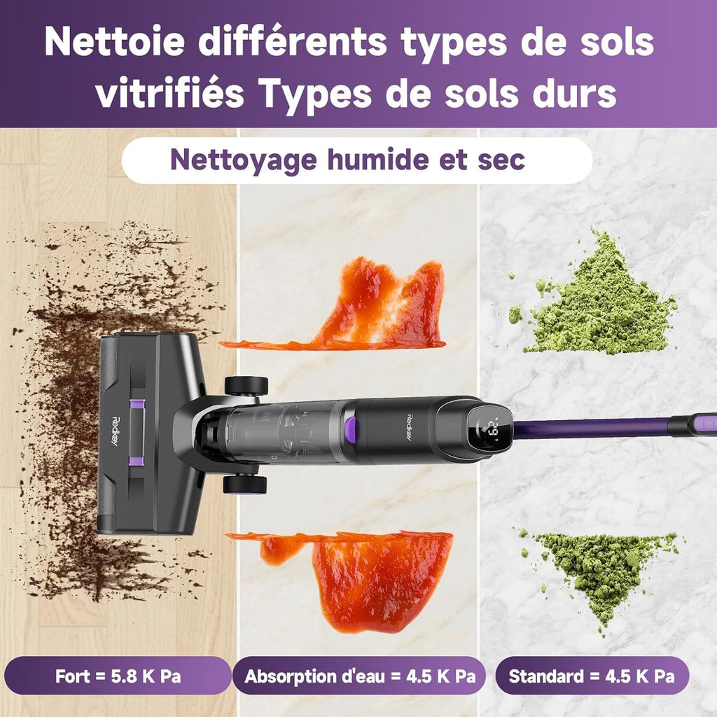 Redkey W15 Aspirateur Balai Laveur sans Fil, 20.000 Pa Balai aspirateur Laveur 3 en 1, Aspiration Puissant Eau et Poussière, 5mm Simple Lamination, Longue Autonomie, LED écran Digital, Auto-Nettoyage