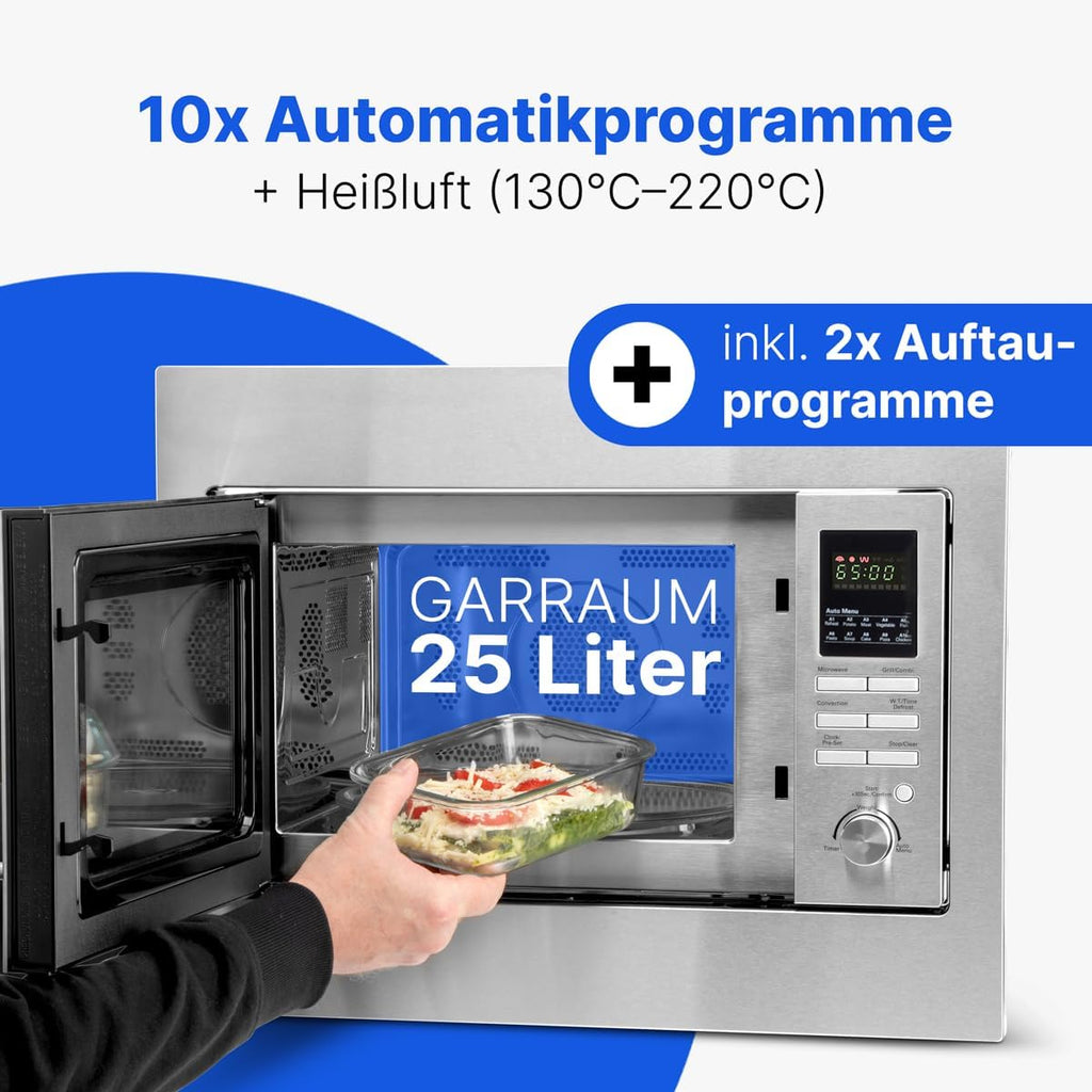 Bomann Micro-ondes encastrable 3en1 | gril et air chaud, | Microwave | 25 L | 10 programmes automatiques | grille et plateau tournant inclus (Ø 32 cm)| 900 watts | acier inoxydable | MWG 2216 H EB