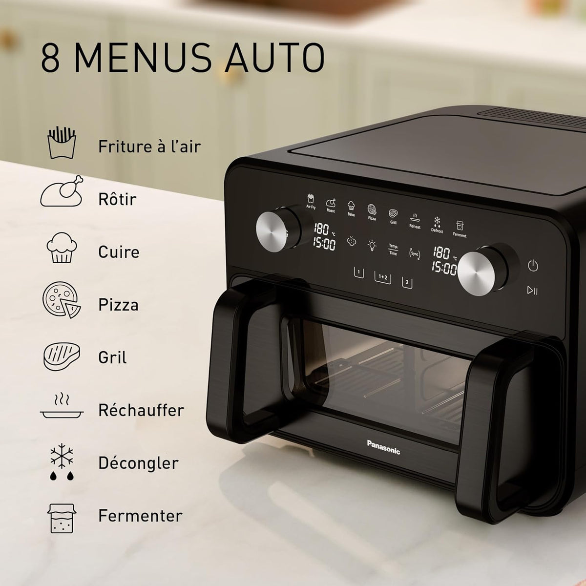 Panasonic NF-BC1000 Friteuse à Air Flexible avec Fenêtre, XL Panier Flexible, Séparateur Amovible, 9,6L, 30°-230C, Vapeur Douce, 8 Préréglages, Nettoyage Facile, Noir