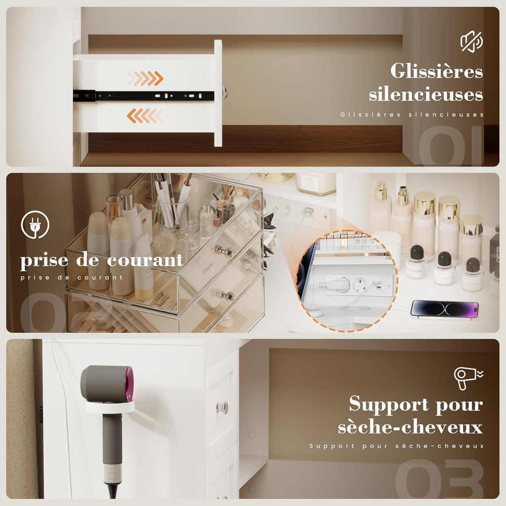 YOUDENOVA Table de maquillage avec grand miroir, coiffeuse d'angle en forme de L avec éclairage LED réglable et prises, luminosité réglable, armoire à 3 tiroirs, 7 compartiments ouverts, blanc