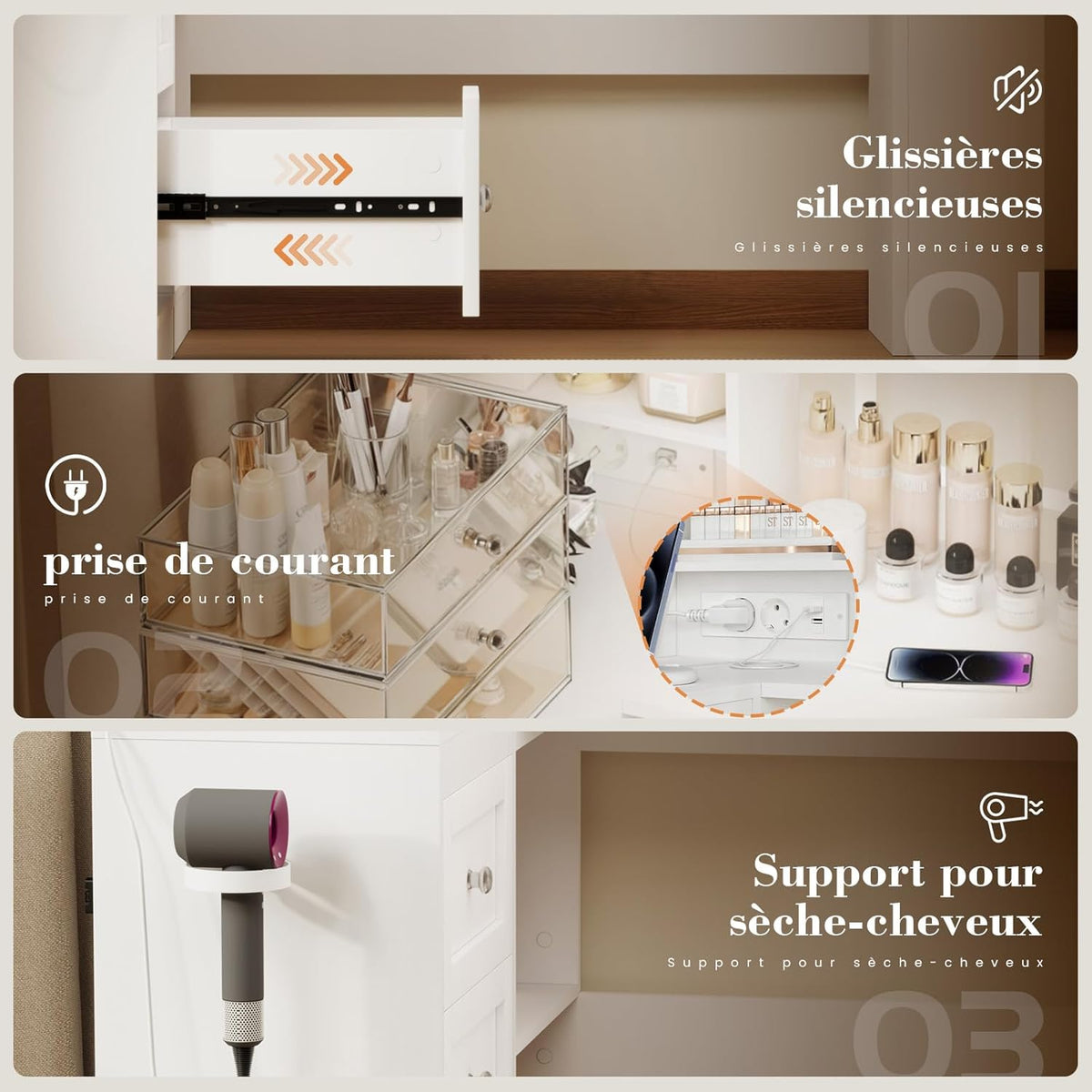 YOUDENOVA Table de maquillage avec grand miroir, coiffeuse d'angle en forme de L avec éclairage LED réglable et prises, luminosité réglable, armoire à 3 tiroirs, 7 compartiments ouverts, blanc