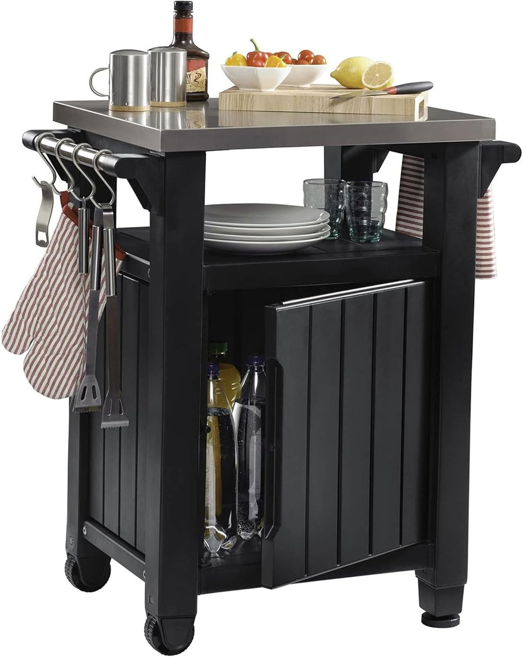 Keter Unity Chariot de table portable résistant aux intempéries avec comptoir en acier inoxydable, crochets de rangement et barres latérales, gris