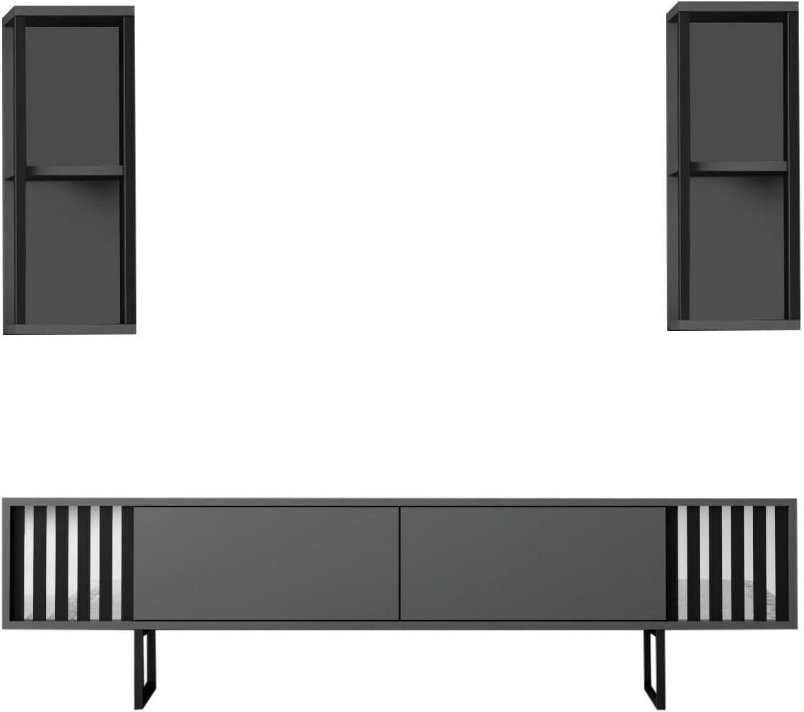 Dmora - Meuble TV Ananke, Buffet de Salon, Armoire Basse pour TV, Base Murale de Rangement, 180x30h48 cm, Anthracite et Noir