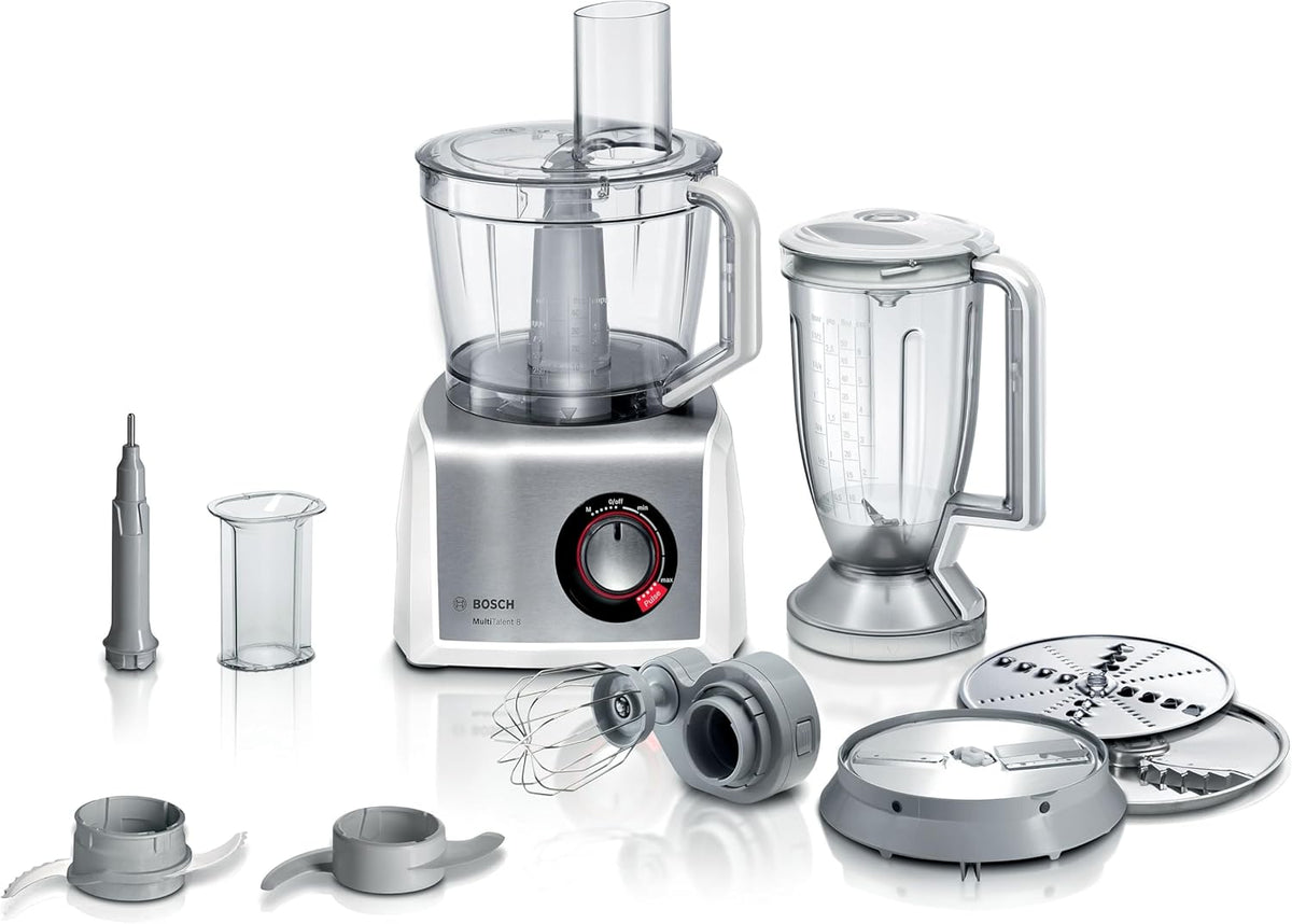 Robot de cuisine compact Bosch MultiTalent 8 MC812S814, 45 fonctions, bol mélangeur XXL 3,9 L, blender 1,5 L, couteau universel, fouet, coupe et râpe fin, grossier , 1250 W, blanc/acier inoxydable