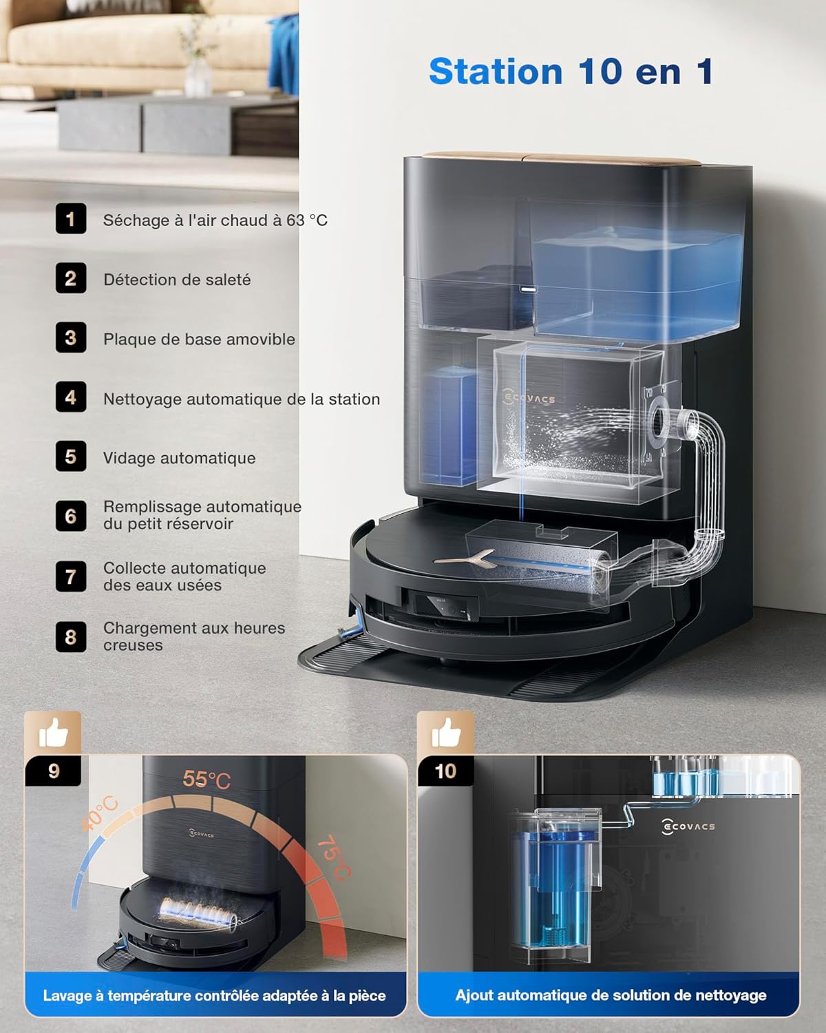 ECOVACS DEEBOT X9 PRO OMNI Robot Aspirateur Laveur, Aspirateur Robot 16600Pa, Ultra-fin, Technologie BLAST, Auto-nettoyage instantané OZMO ROLLER, ZeroTangle3.0, TruEdge2.0, Lavage à l'eau chaude,Noir