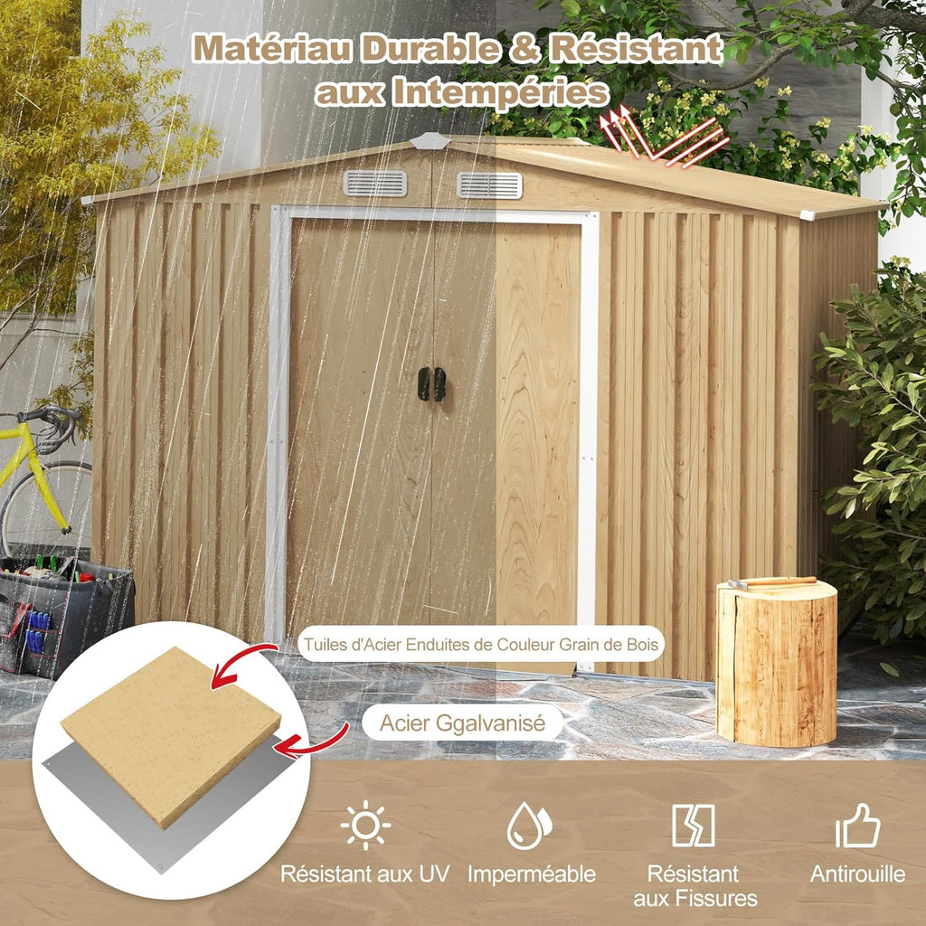 COSTWAY Abri de Jardin 5㎡ en Acier Galvanisé Anti-UV, 259 x 196 x 184 CM, Cabane de Jardin Exterieur 7m³ avec Fondation et Porte Coulissante, Rampe, 4 Trous d’Aération, 4 Gants Inclus