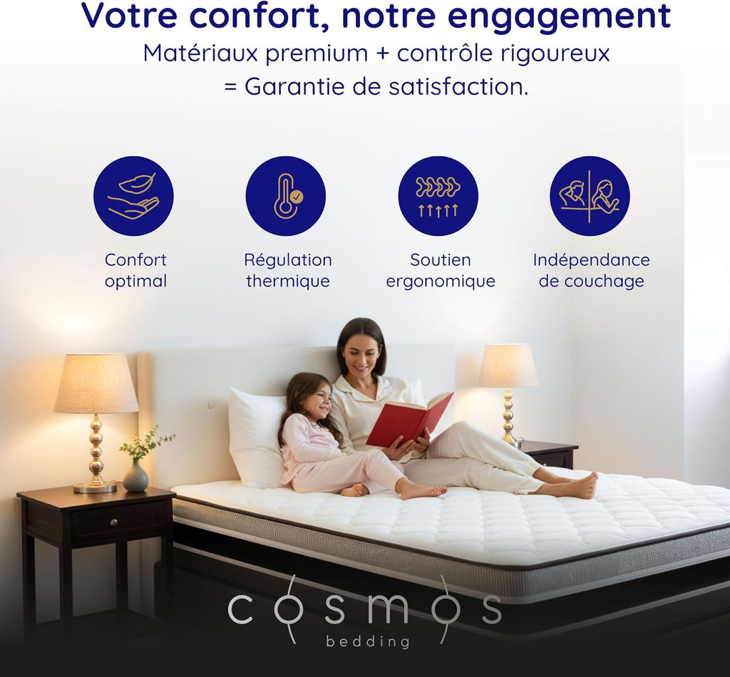 COSMOS - Matelas Feliz 180x200-30 cm Très Épais - Accueil Mousse mémoire de Forme + Blue Latex - Soutien Ferme - Réversible Face été/Hiver - Soutien 7 Zones - Sommeil Isolé - Fabriqué en Europe