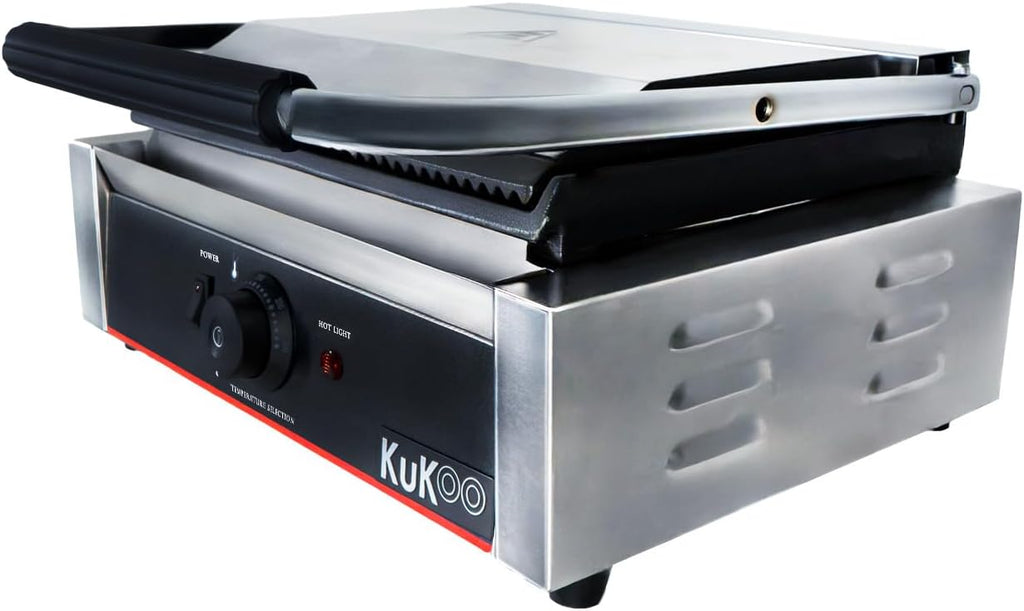 Presse à Panini Professionnelle Grill Electrique - 1 plaque Inox Rainurée 2200W 50-300 C - Parfait Sandwicherie, Restaurant HORECA Grille Poisson Légumes Croques Viande Brosse Nettoyage INCLUSE