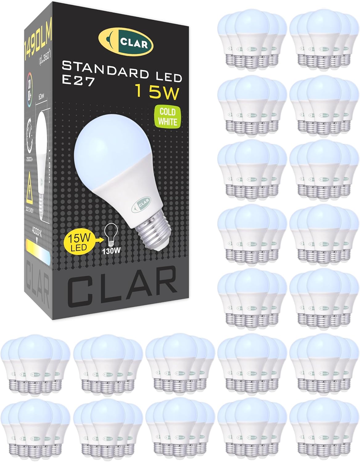 CLAR - Ampoule LED E27 Blanc Froid, Ampoule E27 Blanc Froid, Ampoule E27, Ampoules LED Intérieur E27, Ampoule LED Blanc Froid, Ampoule LED E27 100W, Ampoule Blanc Froid, Ampoules E27, 15W (Pack 100)
