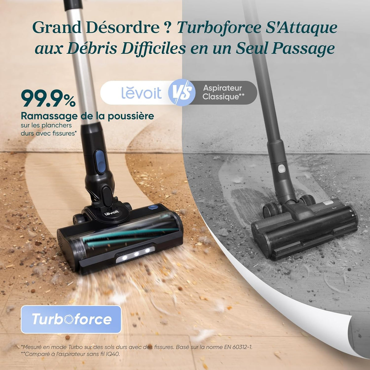 LEVOIT Aspirateur Balai sans Fil, Anti-emmêlement, Filtration HEPA à 99,99 pour cent 240 W Puissante, jusqu'à 60 Min, Affichage LED, avec Mini Brosse Turbo pour Sols, Poils d'animaux Balai Électrique