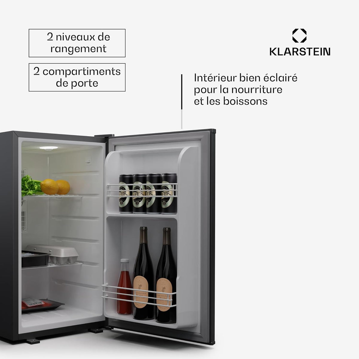 Klarstein Mini réfrigérateur et congélateur intérieur 68 L, réfrigérateur à étagères réglables