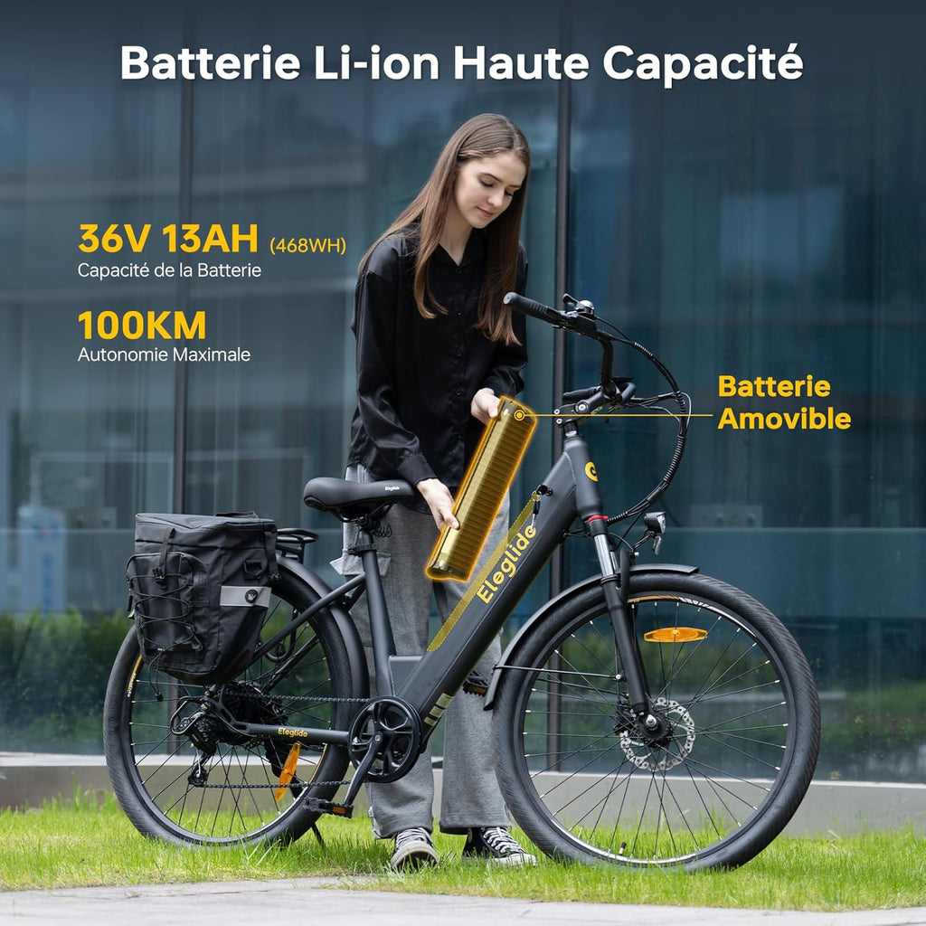 Eleglide T2 Vélo Électrique Adulte 100KM, Moteur 250W, Freins Hydrauliques, Batterie 486Wh, E-Bike Urbain pour Homme Femme, 27.5" Vélo de Ville,VTC