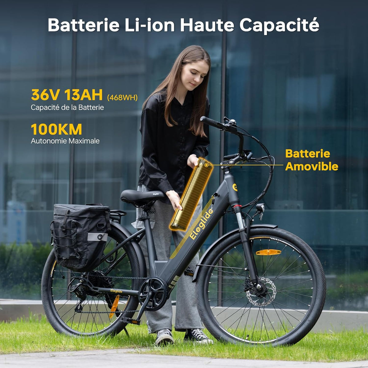 Eleglide T2 Vélo Électrique Adulte 100KM, Moteur 250W, Freins Hydrauliques, Batterie 486Wh, E-Bike Urbain pour Homme Femme, 27.5" Vélo de Ville,VTC