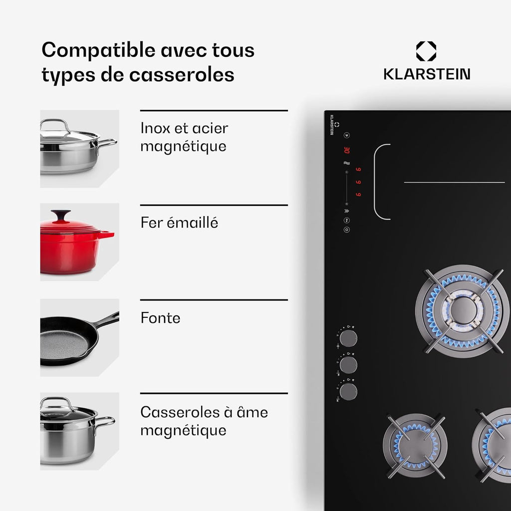 Klarstein MultiChef 5 Plaque Induction Et Gaz - Table De Cuisson À, 5 Zones, Flexzone, Stop&Go, Minuterie, Supports En Fonte, Noir, 87.5Cm