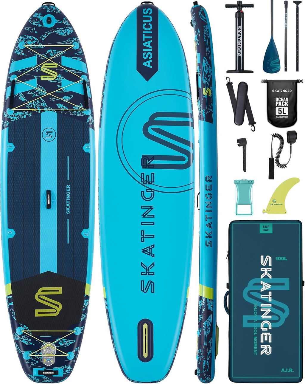 Skatinger Planche à pagaie Gonflable Super Large de 3,4 m x 9,9 m, Ultra Stable pour 2 + 1 Personnes/Famille/Grande Taille avec bandoulière, Sac à Dos de 100 L, Planche à pagaie complète, aileron